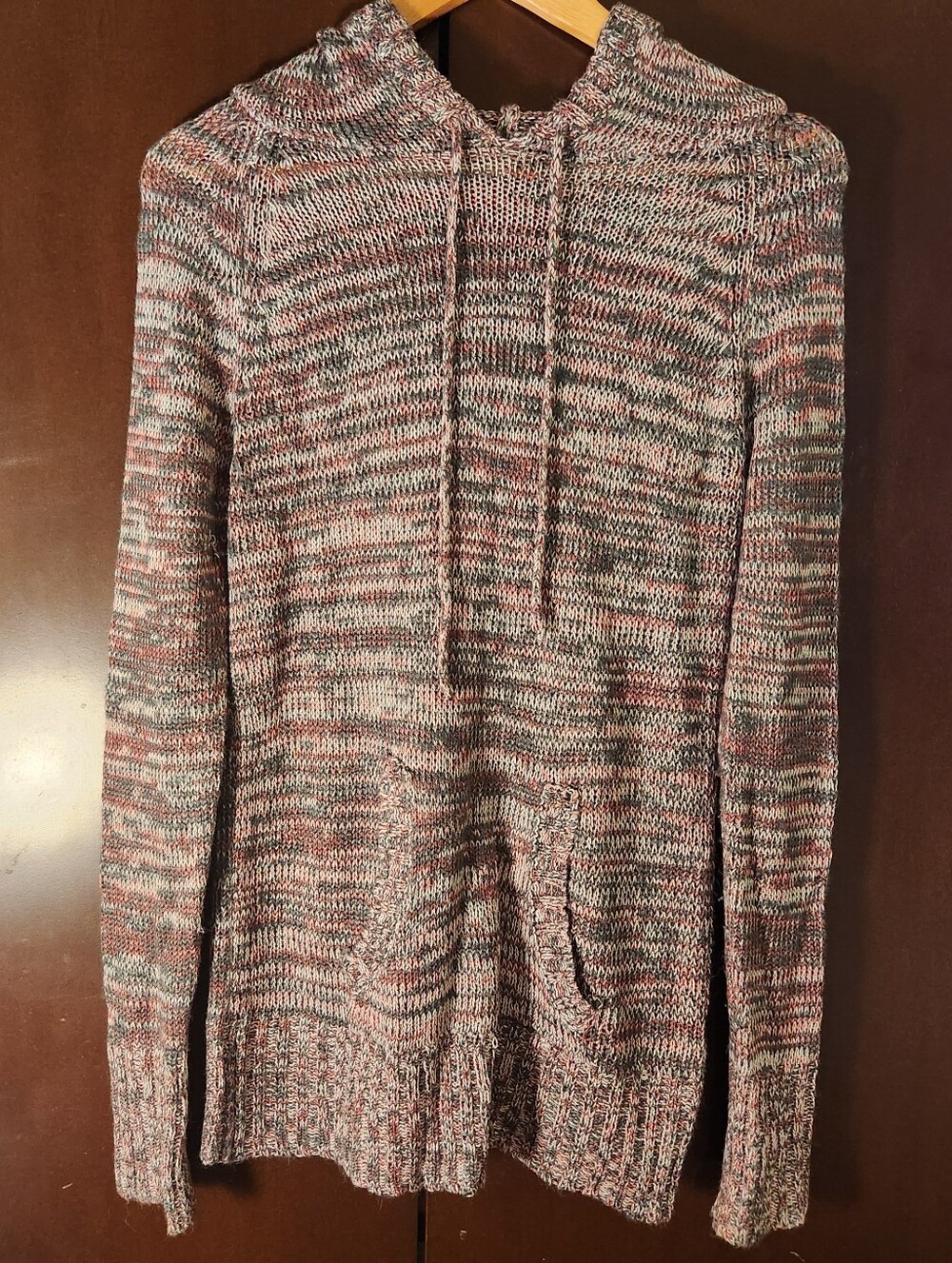 Say What? Maroon and Gray Heathered Knit Hoodie Sweater Women Size Large Juniors